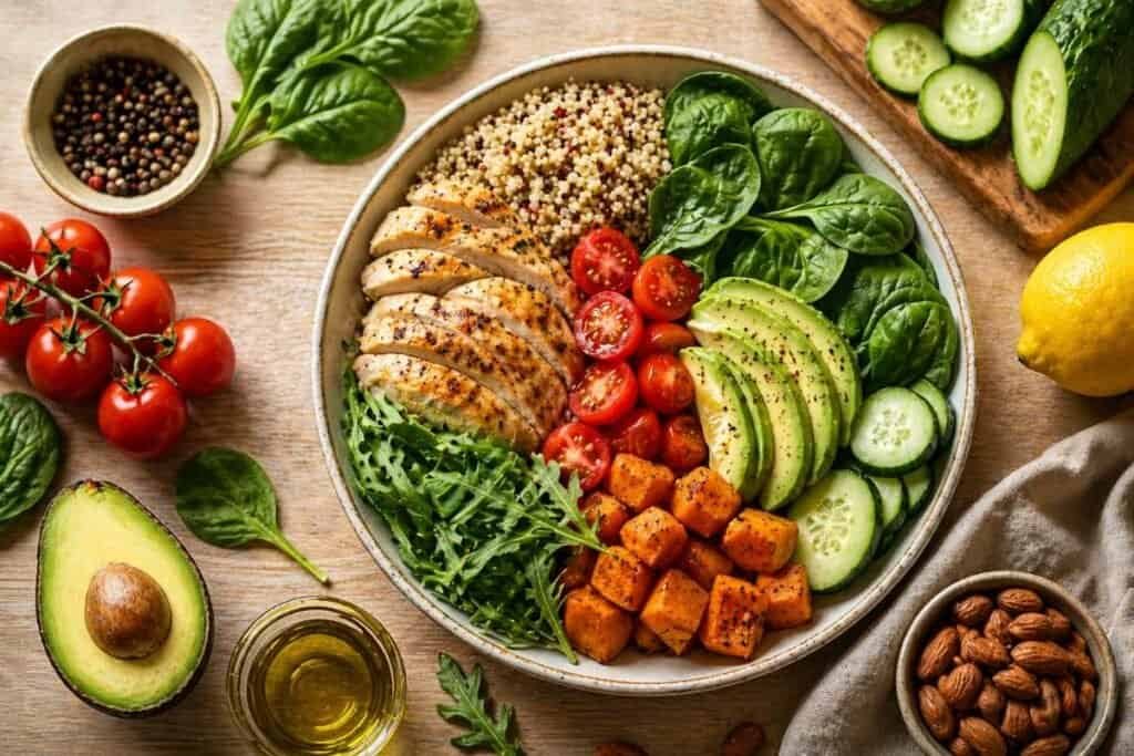 Bowl sano e bilanciato con pollo, quinoa, avocado e verdure fresche per migliorare l’alimentazione quotidiana e aumentare l’energia