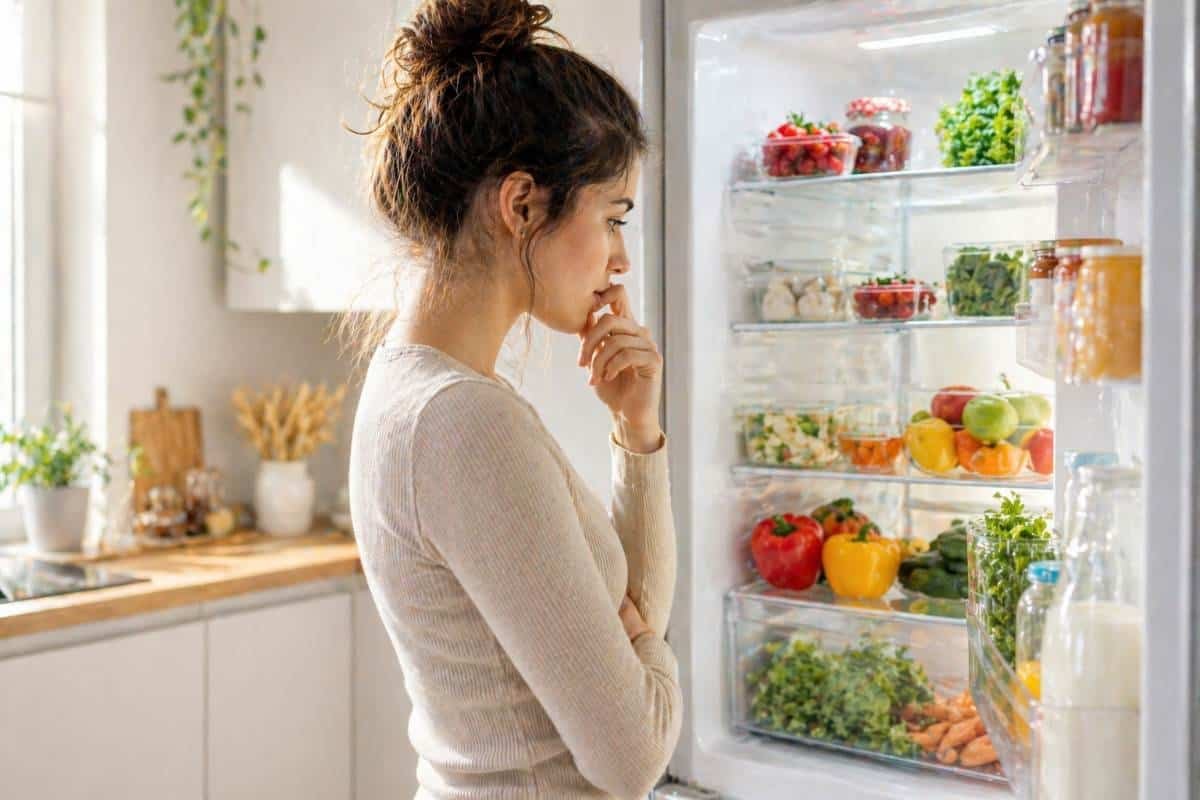 donna che sceglie cibo sano davanti al frigorifero aperto in una cucina