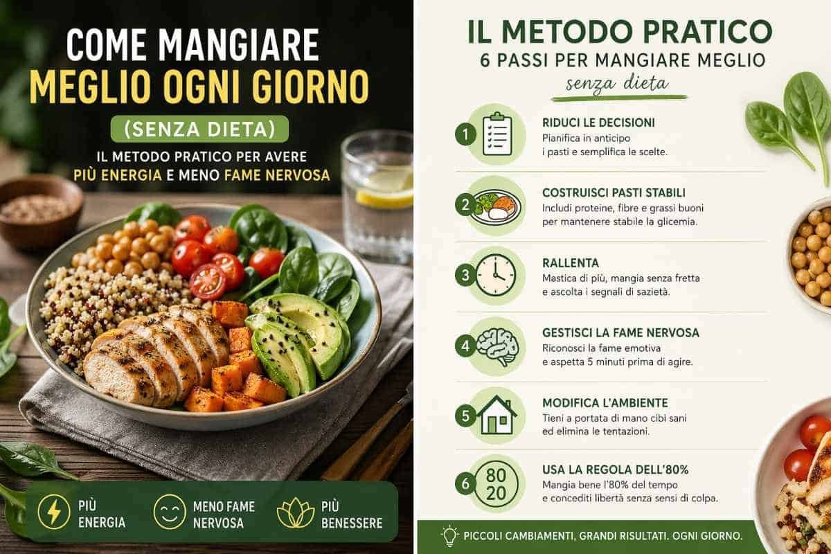 Metodo pratico per mangiare meglio ogni giorno senza dieta con consigli per aumentare energia e ridurre fame nervosa