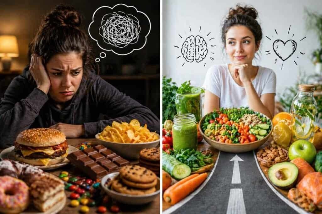Donna divisa tra cibo spazzatura e alimentazione sana, rappresentazione della lotta tra mente e abitudini alimentari