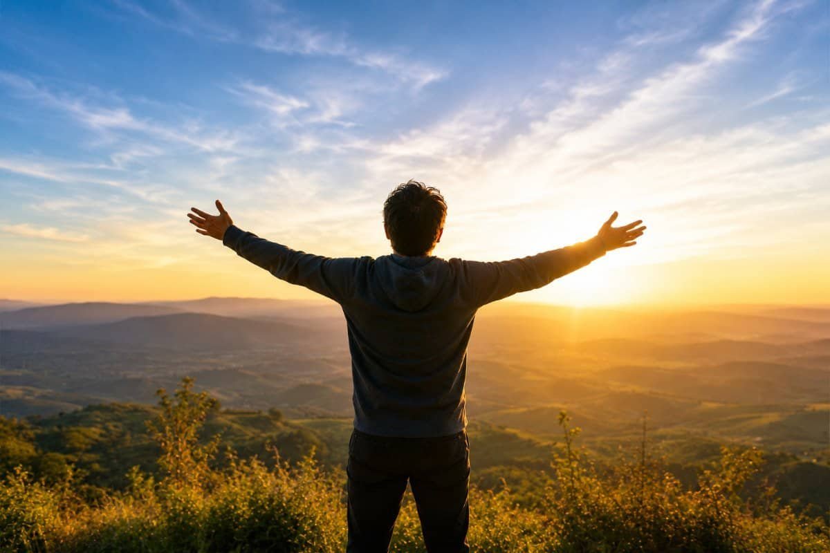 Persona con le braccia aperte davanti all'alba dopo aver superato pensieri negativi, paure e credenze limitanti.
