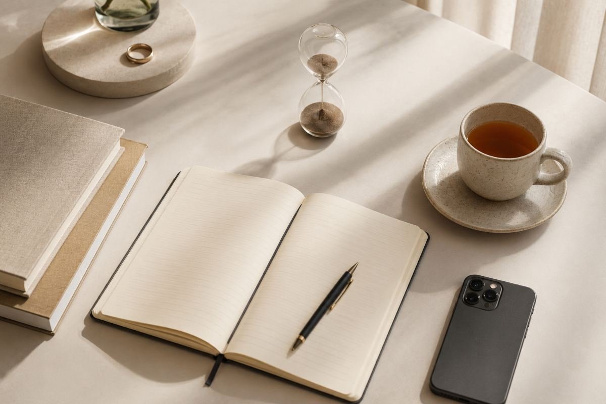 Scrivania ordinata con agenda, telefono e quaderno: rappresentazione dell'attrito mentale che porta a procrastinare compiti importanti.