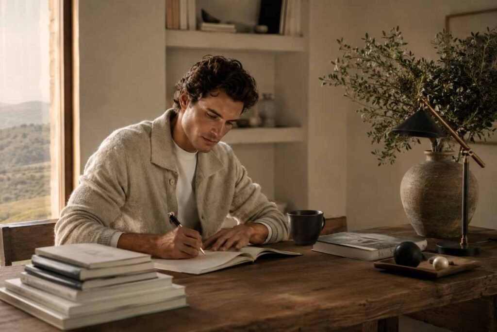 Persona che scrive con concentrazione, simbolo di autodisciplina, costanza e capacità di mantenere gli impegni presi con sé stessi.