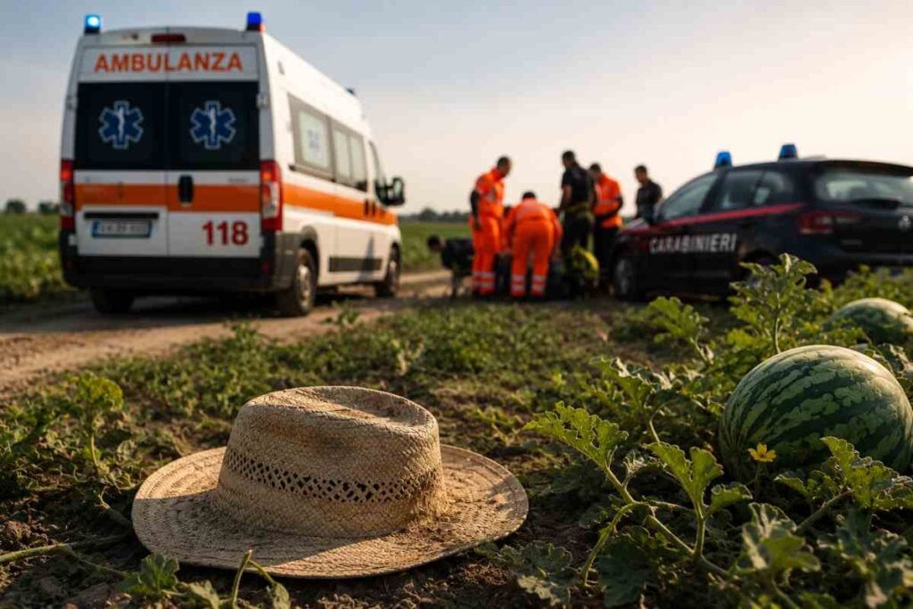 Ambulanza e carabinieri in un campo agricolo dopo il malore di un bracciante durante il lavoro a Mantova.