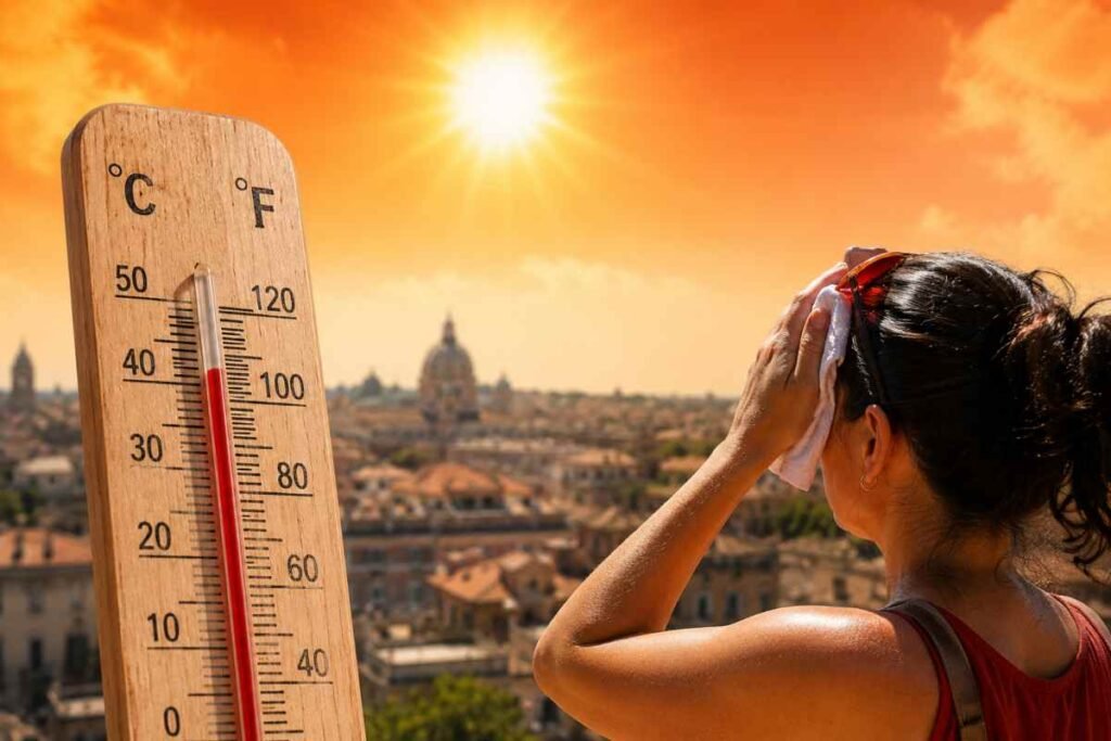Persona che affronta il caldo estremo con un termometro che indica temperature elevate durante l'estate.
