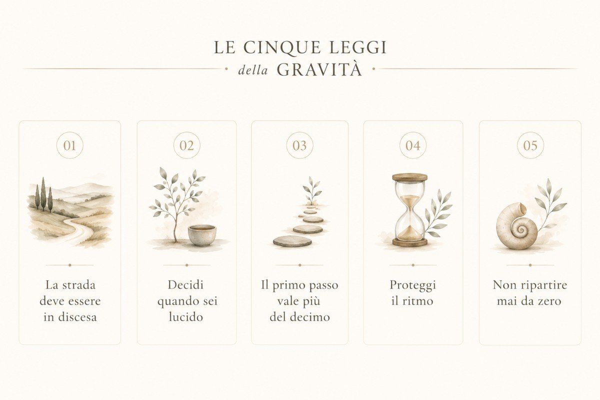 Infografica con le cinque leggi del Metodo della Gravità per costruire disciplina e costanza nel tempo.