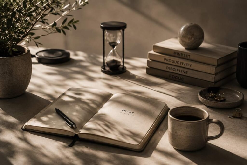 Scrivania minimalista con agenda, clessidra e tazza di caffè che rappresentano concentrazione, focus e produttività personale.