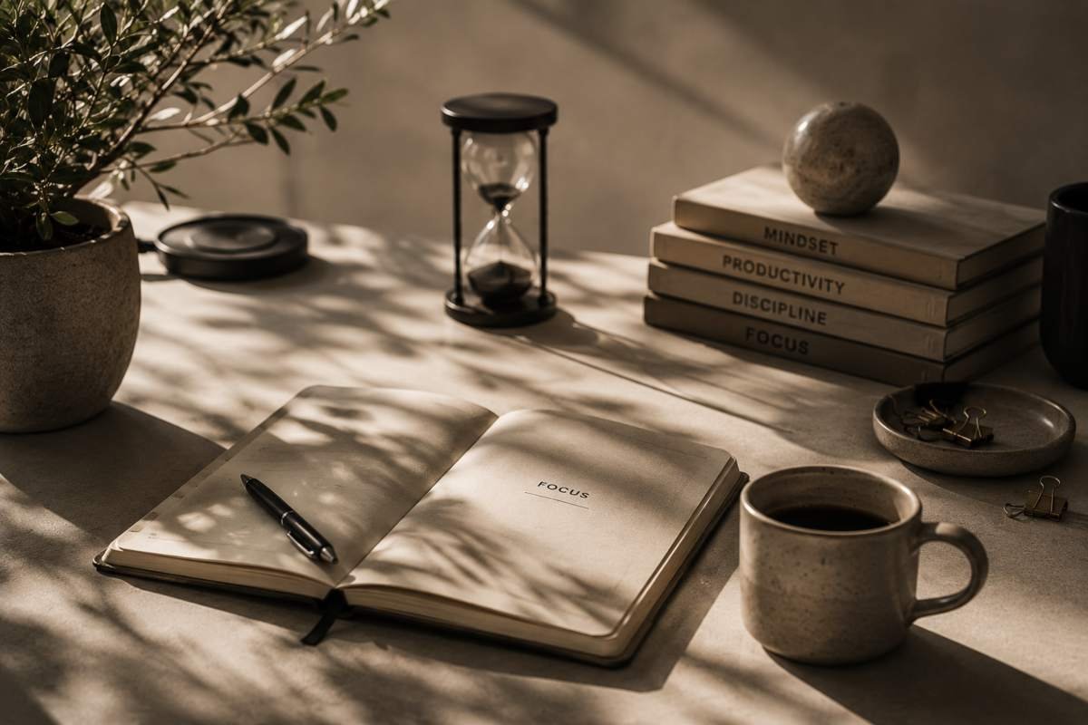Scrivania minimalista con agenda, clessidra e tazza di caffè che rappresentano concentrazione, focus e produttività personale.