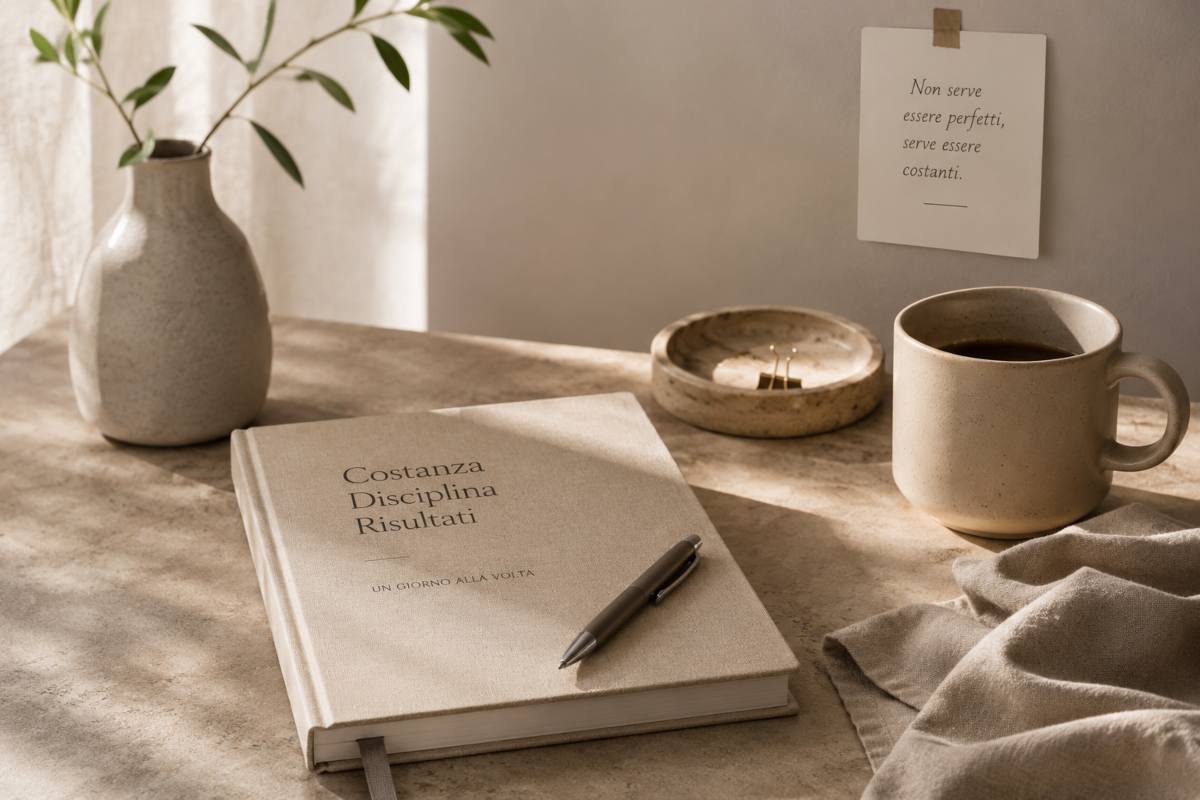 Libro e tazza su una scrivania minimalista, simbolo di autodisciplina, costanza e crescita personale.