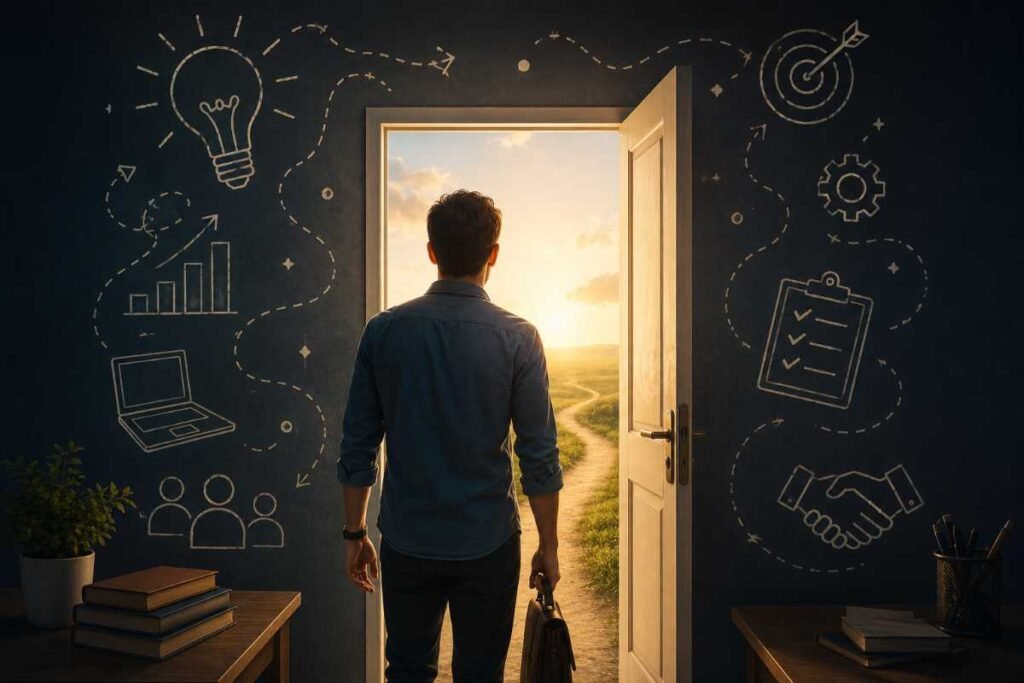 Uomo davanti a una porta aperta verso nuove opportunità professionali, simbolo di chi vuole inventarsi un lavoro da zero e ricominciare dopo un periodo di disoccupazione.