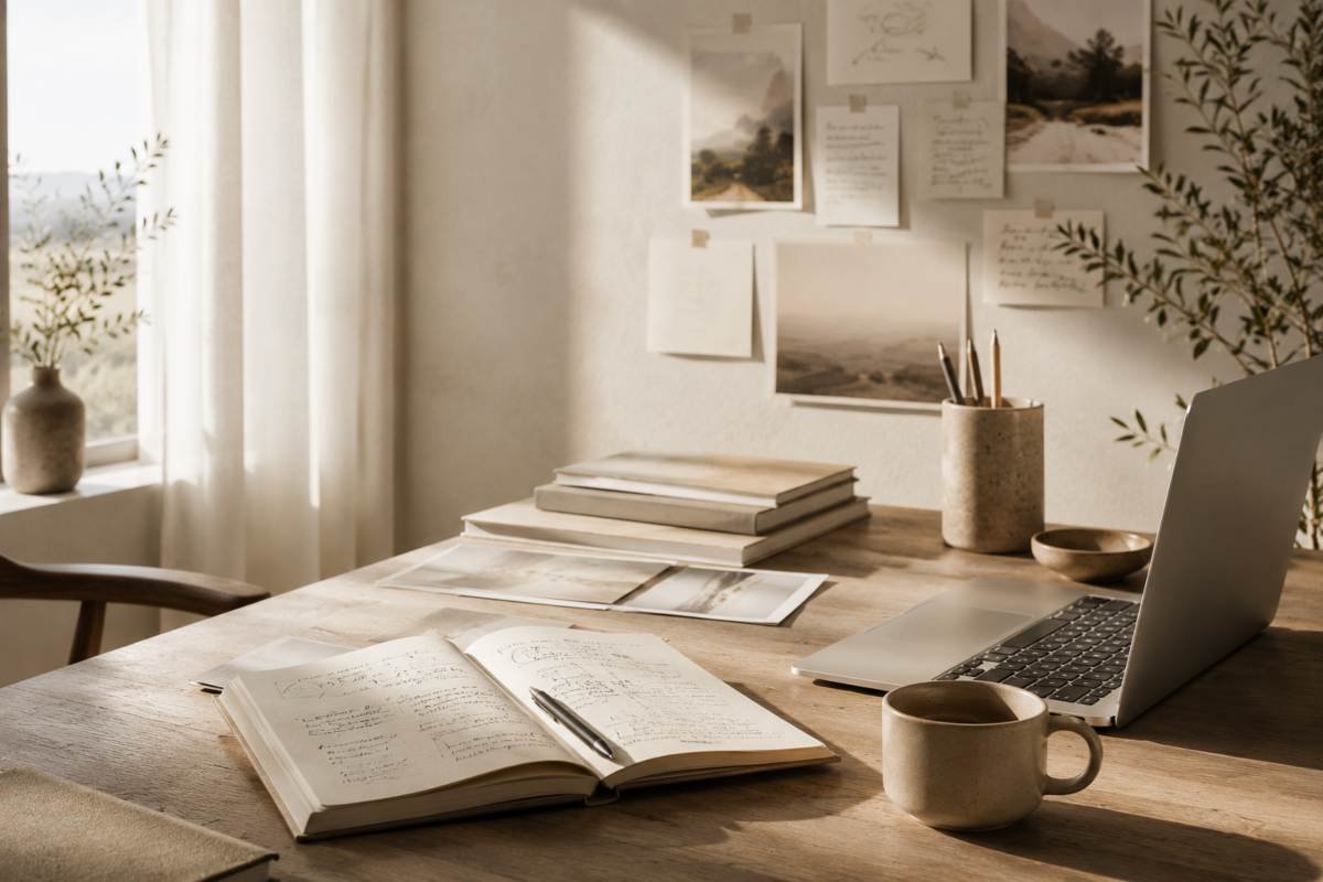 Scrivania con quaderno, computer portatile e appunti di lavoro, simbolo di un progetto professionale creato da zero.