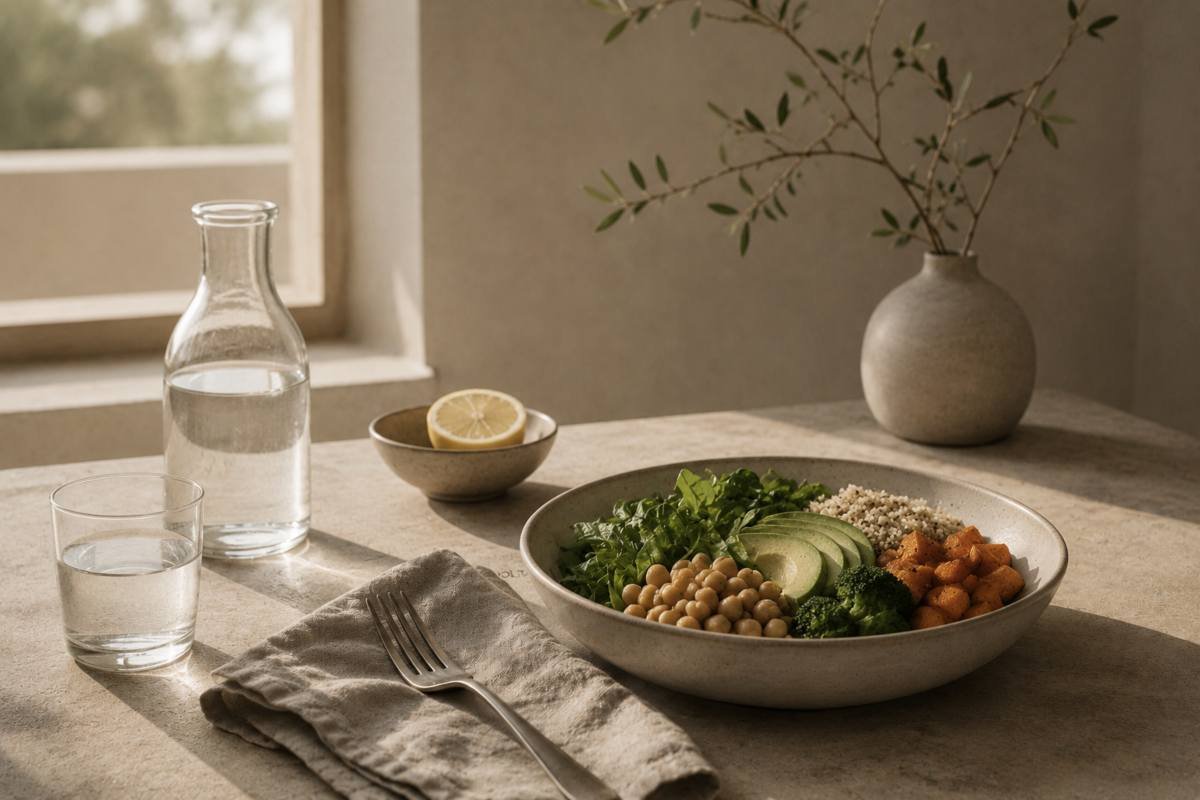 Pasto sano con verdure, avocado e cereali su tavolo illuminato dalla luce naturale, simbolo di alimentazione equilibrata e benessere quotidiano.