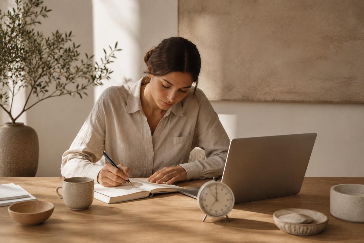 Persona che inizia finalmente a lavorare scrivendo su un quaderno: il primo passo concreto per superare la procrastinazione.