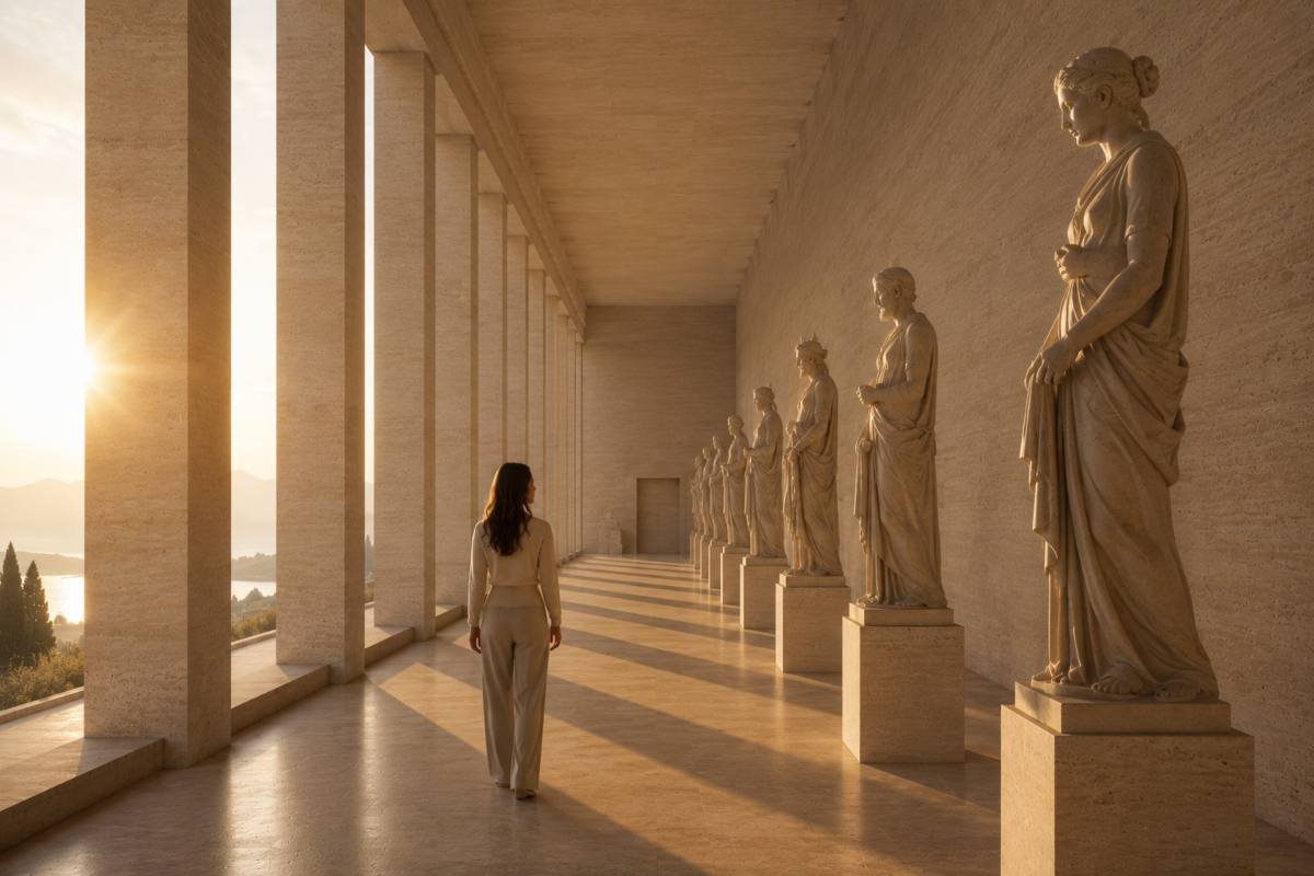 Una persona cammina tra grandi statue osservando solo gli altri senza accorgersi della propria luce.