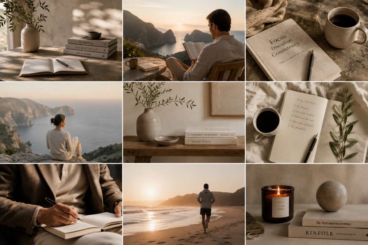 Collage di immagini dedicate a produttività, benessere, denaro, abitudini e crescita personale nella sezione Continua a Esplorare di MetodoPratico.