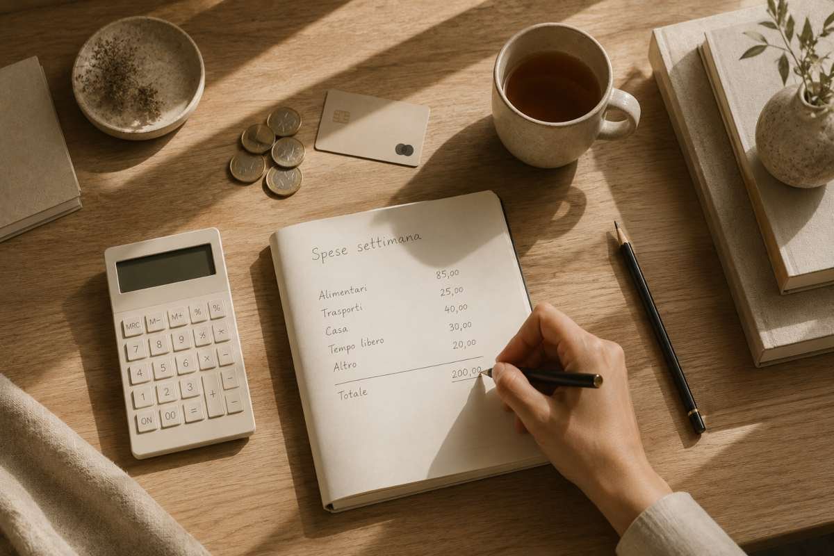 Persona che annota le spese settimanali su un quaderno durante il controllo delle finanze personali