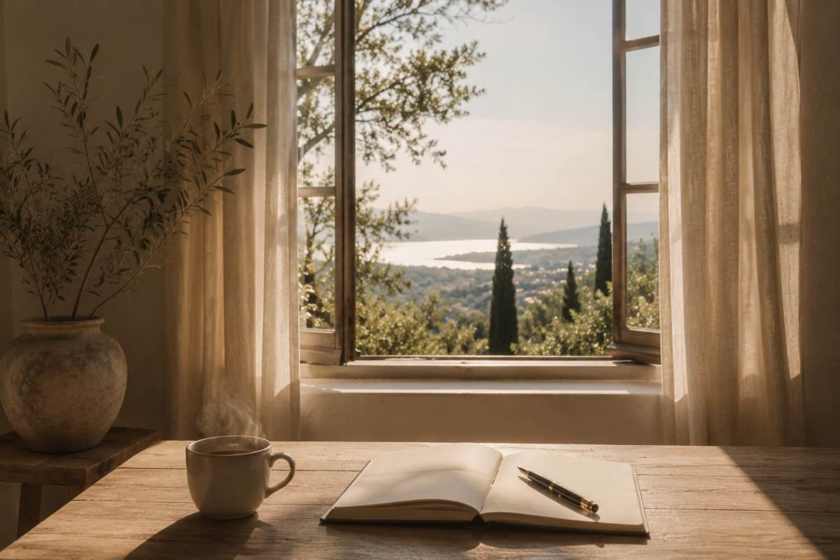 Scrivania luminosa con quaderno aperto e tazza di caffè, simbolo di riflessione e nuovi inizi.
