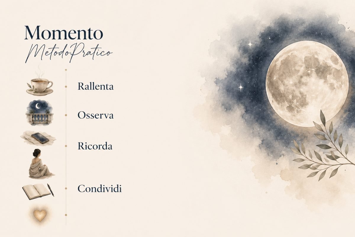 Infografica con i sei passaggi del Momento MetodoPratico da vivere durante la Luna delle Fragole.