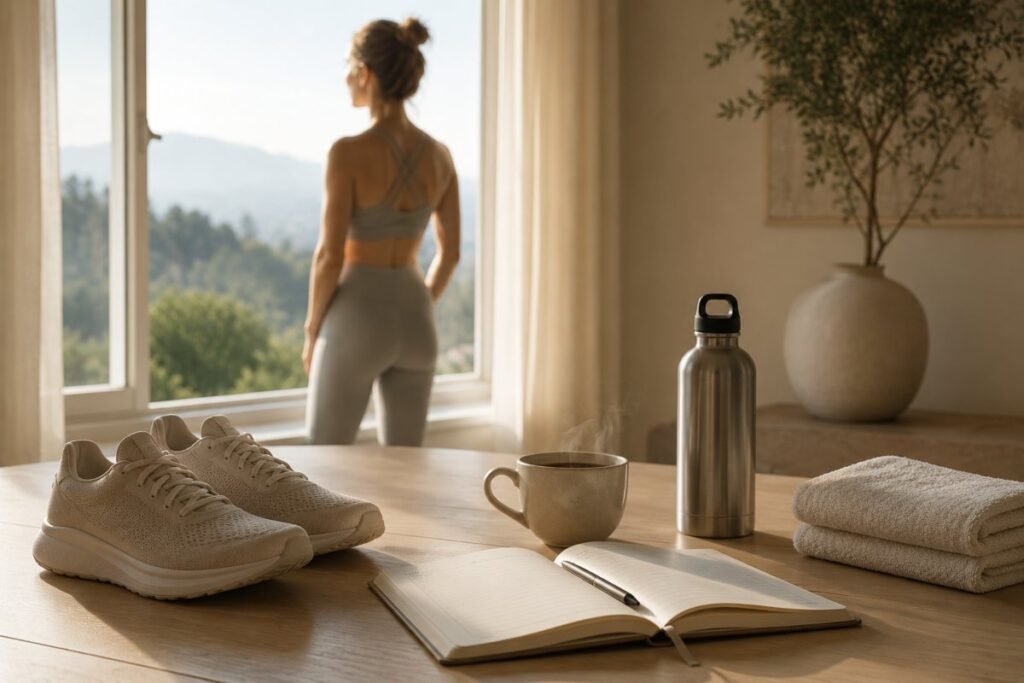 Una persona pronta a iniziare una nuova routine con scarpe da ginnastica, agenda e caffè su un tavolo in legno.