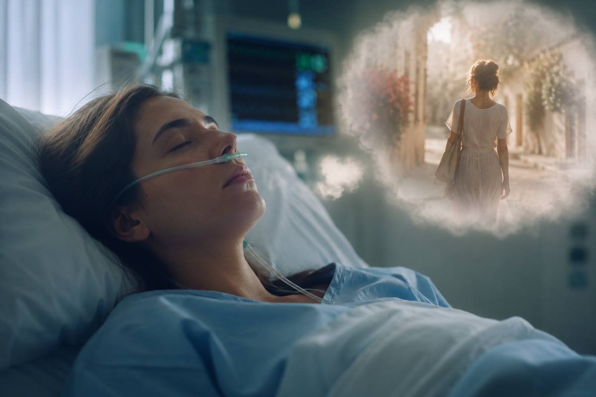 Donna in coma in un letto d'ospedale mentre sogna una vita alternativa in un'immagine illustrativa.