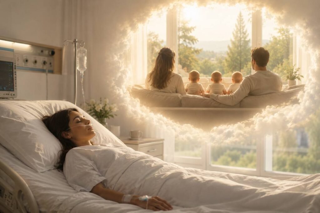 Donna in coma che sogna una vita familiare con marito e tre gemelli in un'immagine illustrativa.
