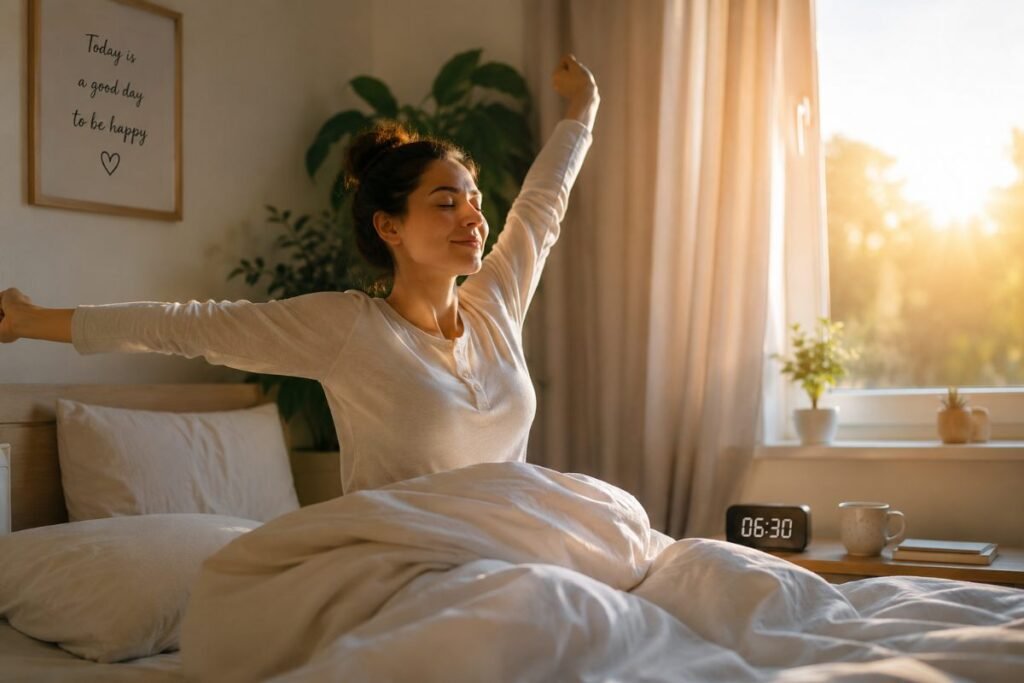 Donna che si sveglia presto con energia e serenità in una camera luminosa al mattino