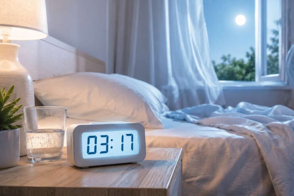 Sveglia sul comodino durante una notte estiva mentre il caldo rende difficile dormire.