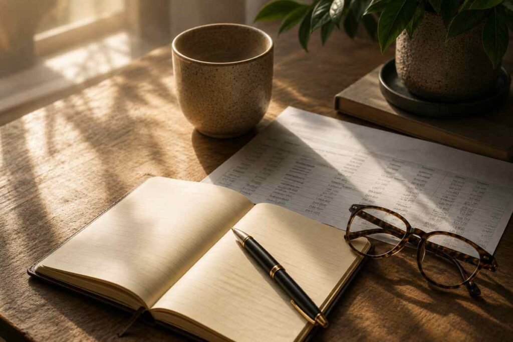 Agenda aperta, estratto conto e occhiali su una scrivania illuminata dalla luce naturale, simbolo della gestione consapevole del denaro e dei risparmi.