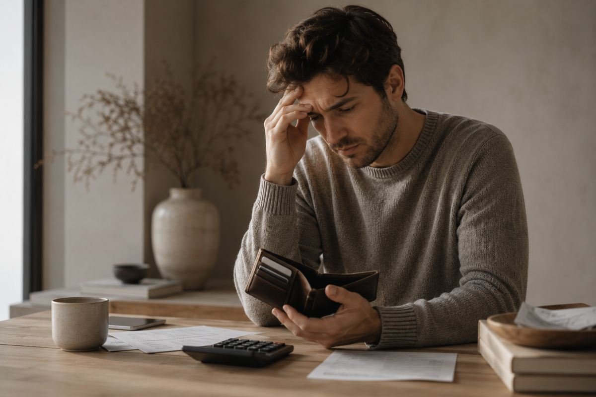 Uomo controlla il portafoglio preoccupato per la gestione del denaro.