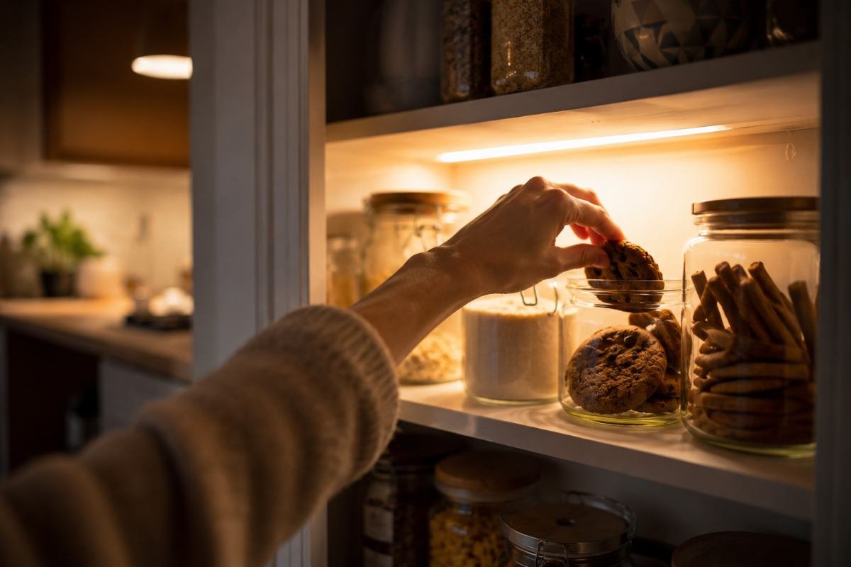 Mano che prende un biscotto da una dispensa illuminata durante la sera per uno spuntino fuori pasto.