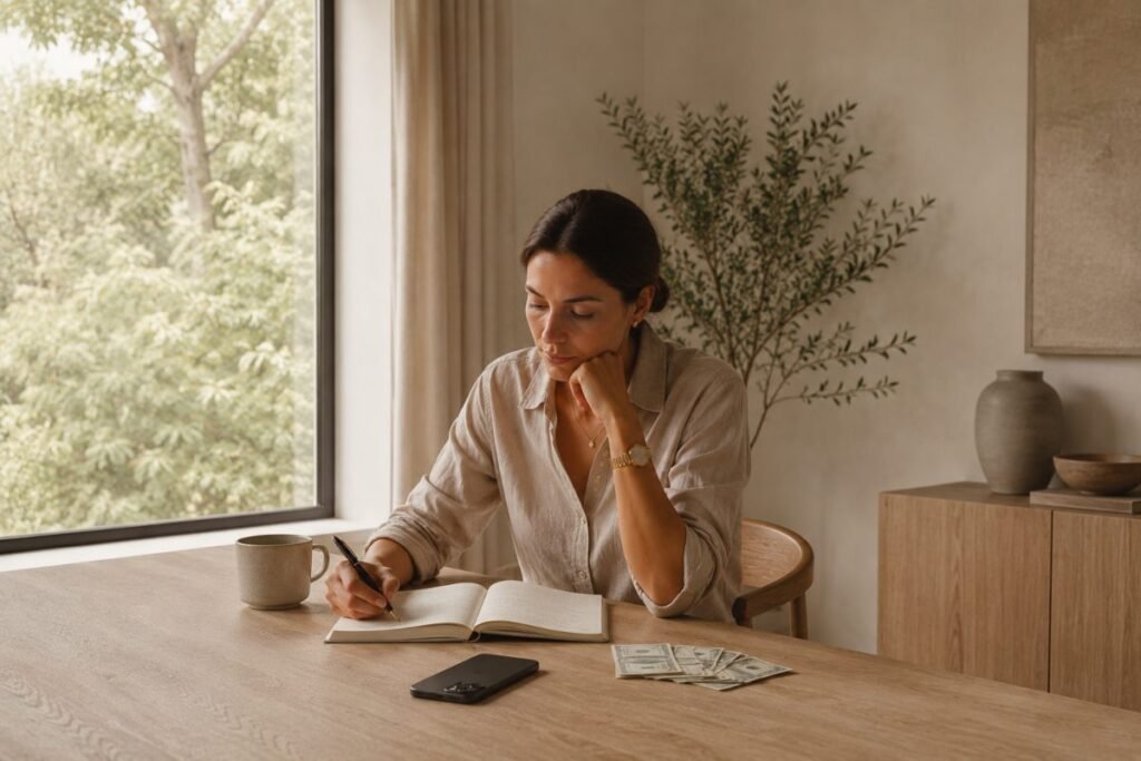 Persona che organizza il budget mensile su un quaderno per migliorare la gestione delle finanze personali