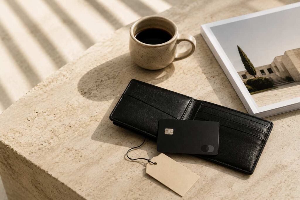 acquisti impulsivi portafoglio carta di credito e tazza di caffè