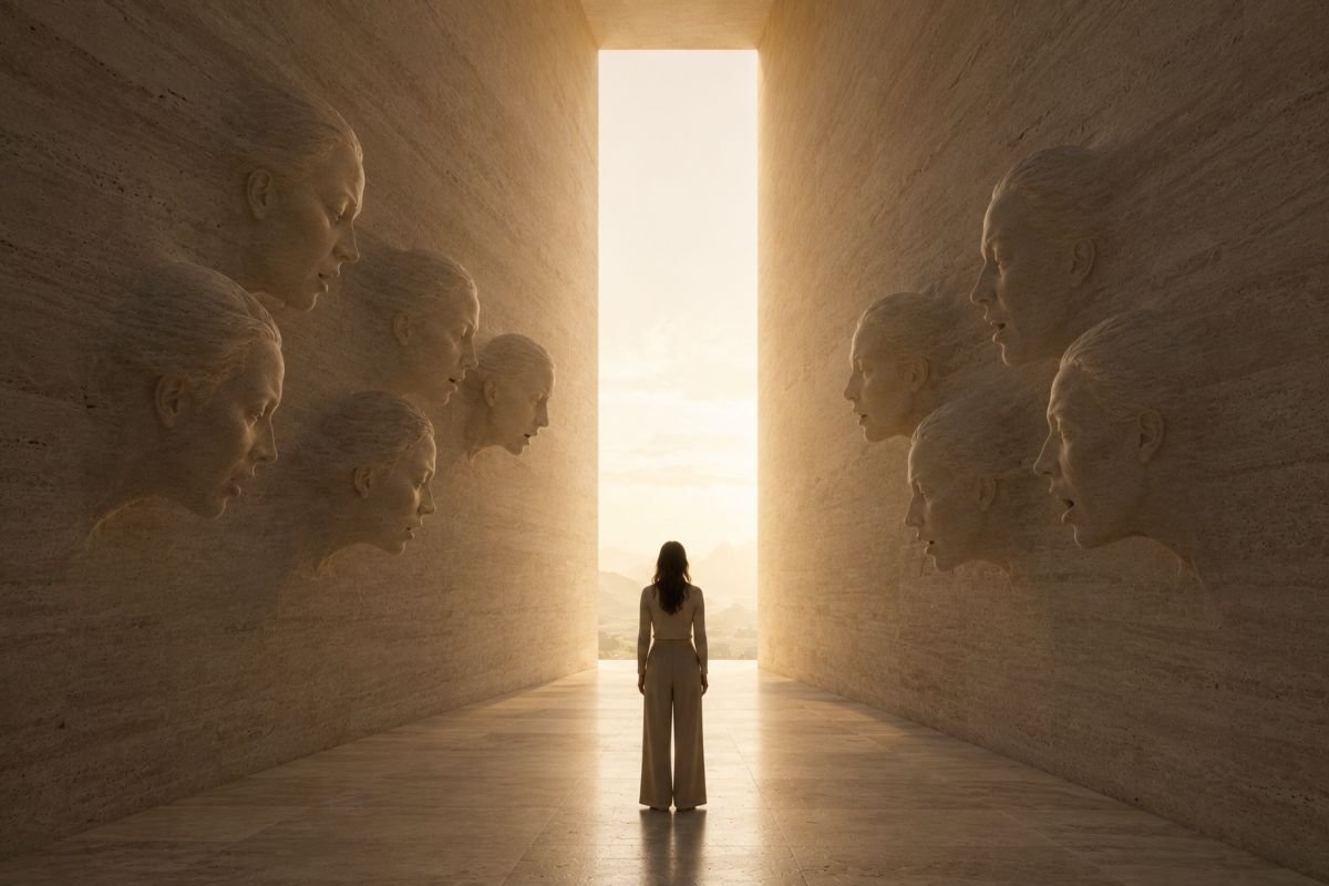 Una persona attraversa un corridoio monumentale mentre enormi figure scolpite rappresentano le idee parassite e le voci interiori che influenzano la mente.