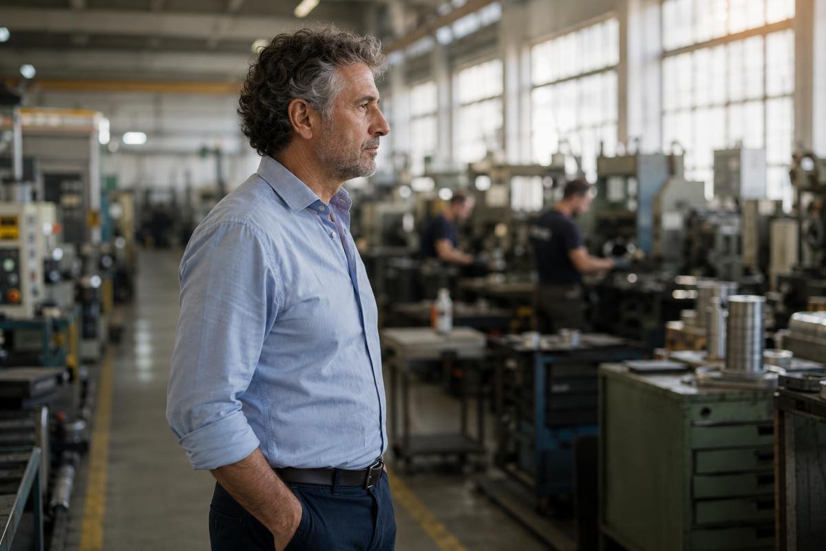 Un imprenditore osserva il reparto produttivo della propria azienda dopo anni di lavoro e crescita.