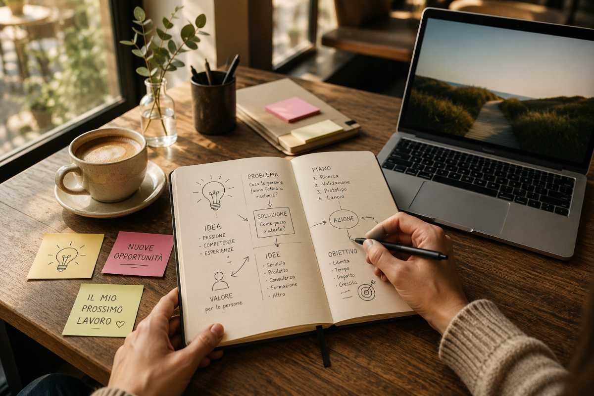 Persona che sviluppa un progetto professionale su un quaderno in un caffè, pianificando un nuovo lavoro da creare da zero.