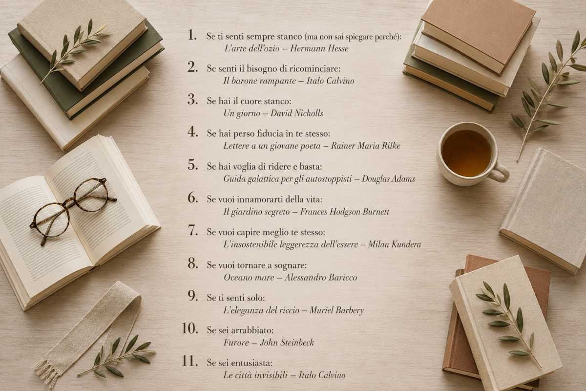 Infografica con i migliori libri da leggere in estate in base allo stato d'animo e al momento della vita.