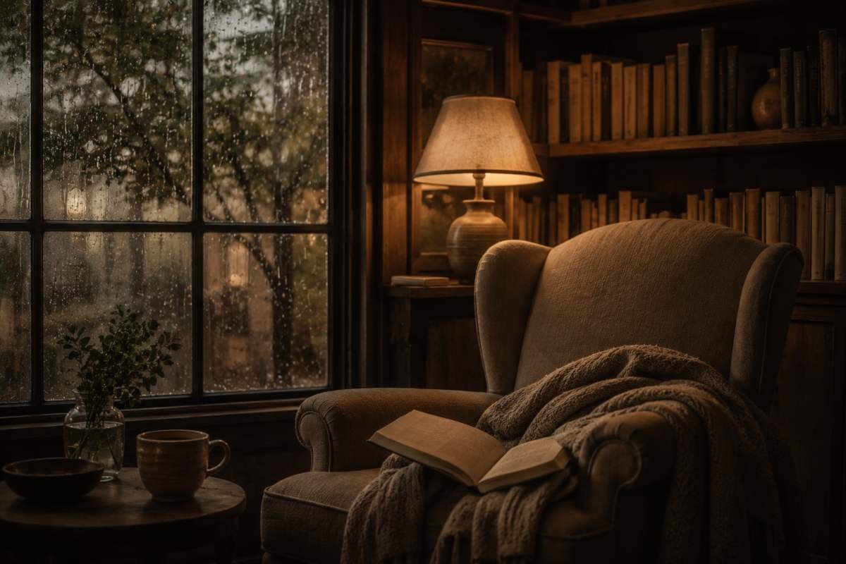 Poltrona vicino a una libreria con un libro aperto in un ambiente silenzioso e accogliente.