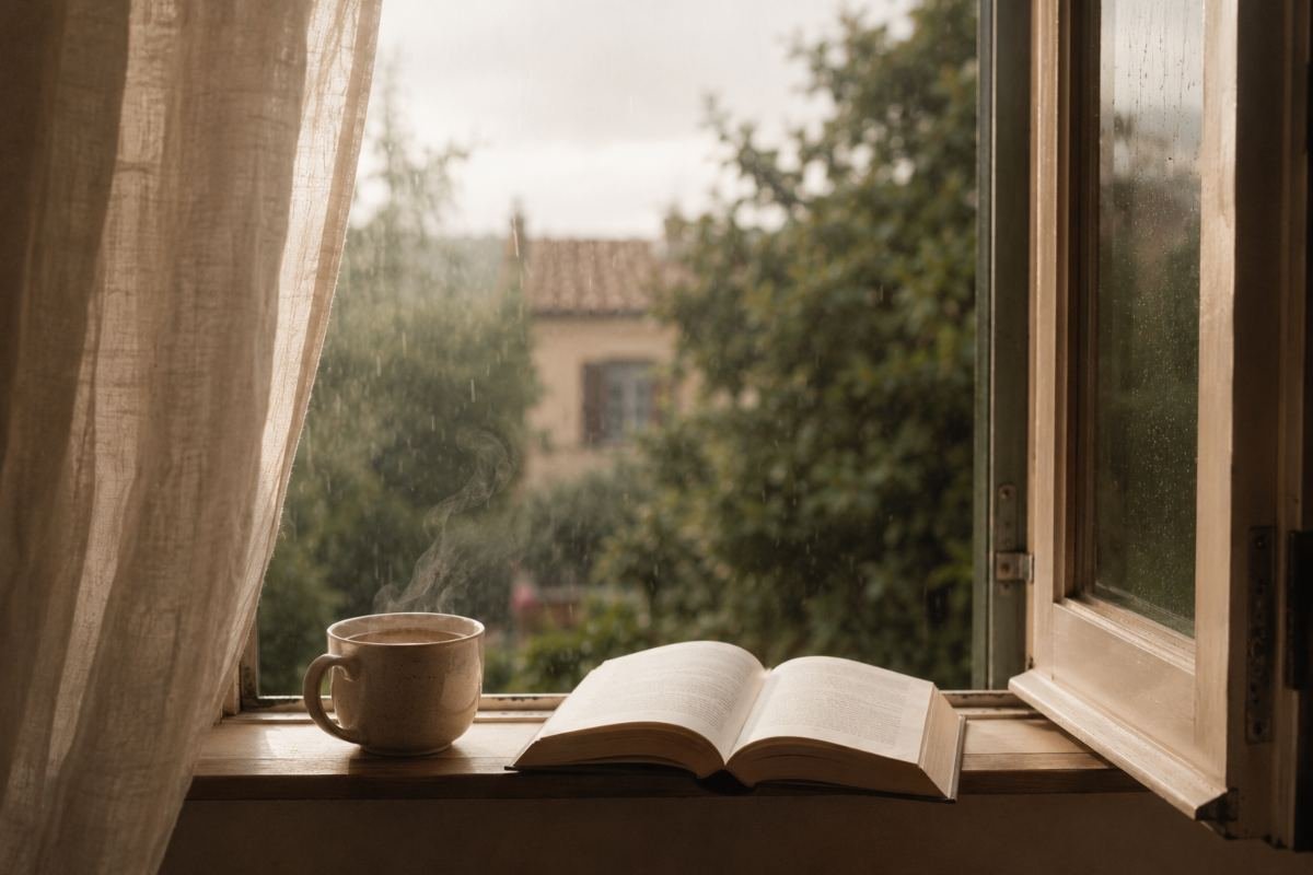 Libro aperto accanto a una finestra durante una pioggia estiva con una tazza di tè.