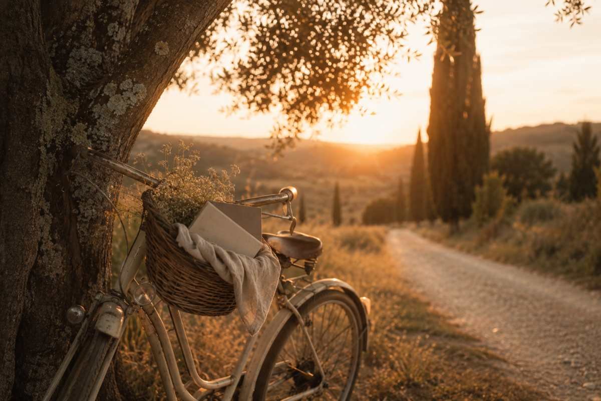 Bicicletta con un libro nel cestino lungo una strada di campagna durante il tramonto.