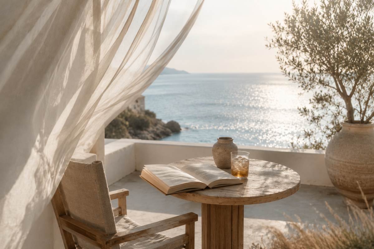 Veranda affacciata sul mare con un libro aperto e una tazza di tè durante una mattina estiva.