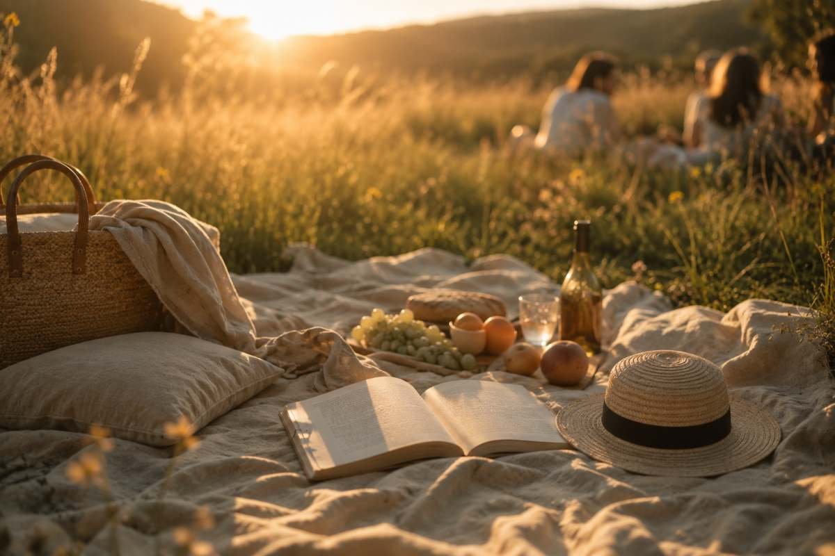 Coperta da picnic con un libro aperto in un prato estivo illuminato dal sole.
