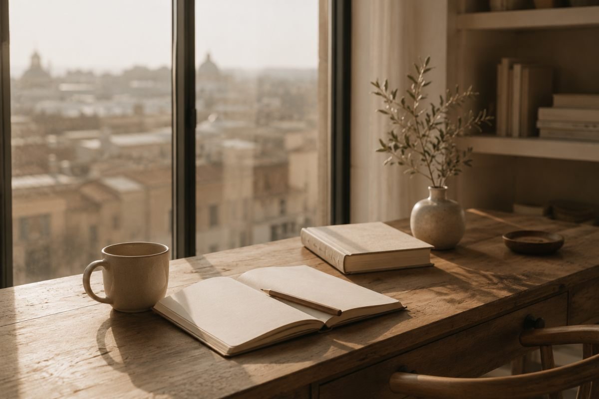Scrivania luminosa con un libro aperto, un quaderno e una tazza di caffè.