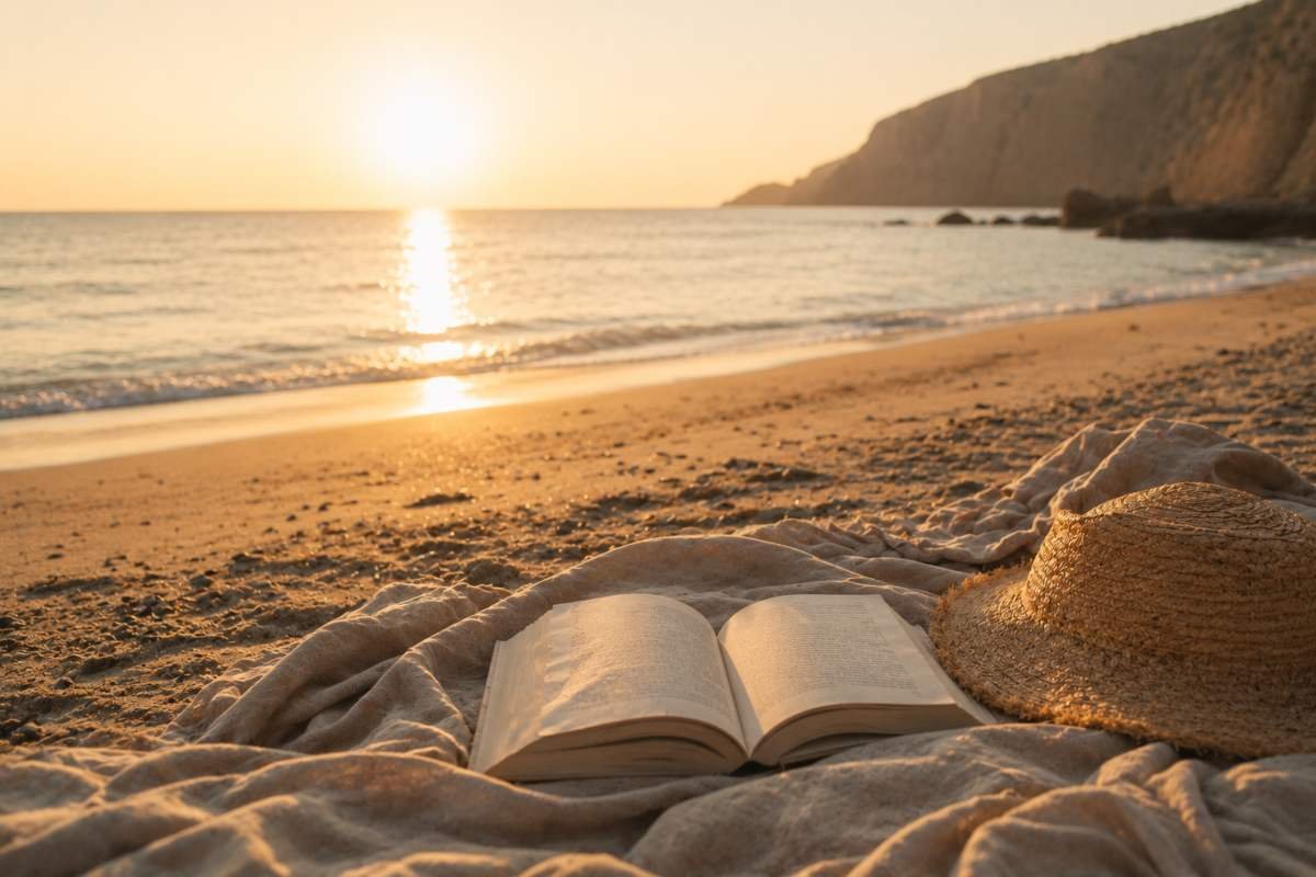 Libro aperto sulla spiaggia durante l'alba accanto a una coperta color lino.