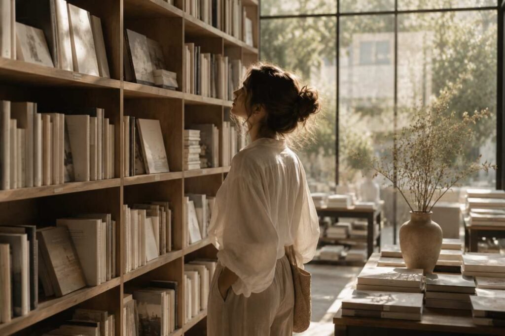 Donna sceglie un libro in una libreria per trovare la lettura perfetta dell'estate.