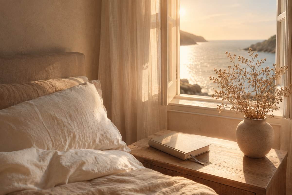 Libro chiuso con un segnalibro appoggiato sul comodino vicino a una finestra illuminata dal tramonto.