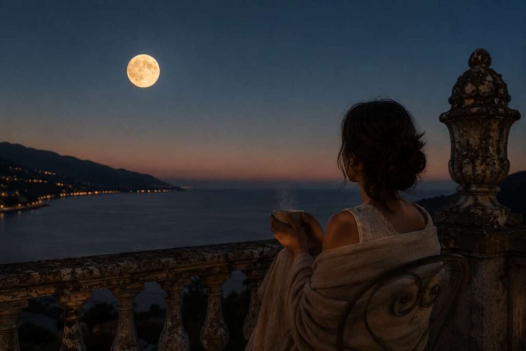 Una persona osserva la Luna delle Fragole 2026 da un balcone durante una calda sera d'estate, con una tazza tra le mani.