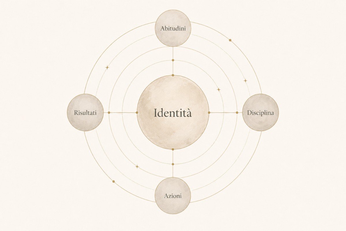 Diagramma del Metodo della Gravità con identità al centro e disciplina, abitudini, azioni e risultati che orbitano attorno.
