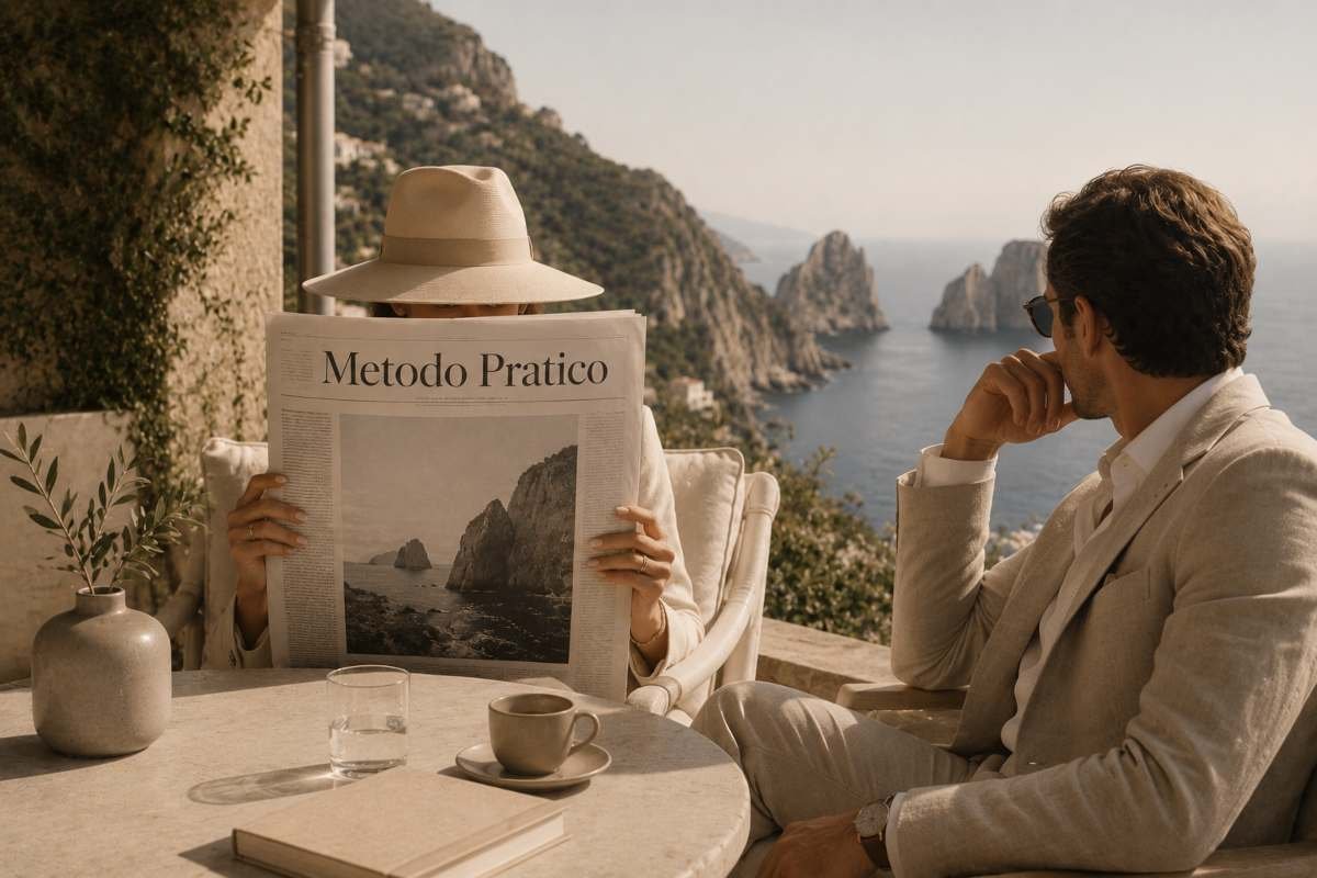 Donna elegante legge il giornale MetodoPratico in una terrazza panoramica sul mare, simbolo di crescita personale, produttività e benessere quotidiano.
