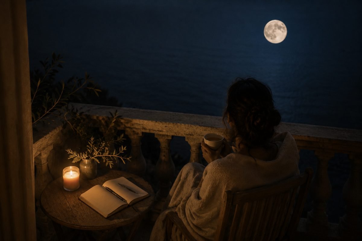 Una persona osserva la Luna piena seduta su un balcone con una tazza di tè e un quaderno aperto.