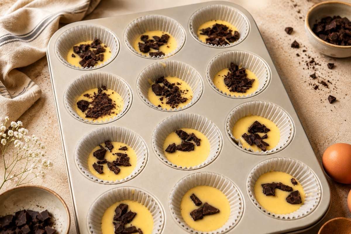 Impasto per muffin con pezzi di cioccolato fondente disposto nei pirottini all'interno di una teglia, pronto per la cottura, secondo la ricetta di nonna Rose preparata col Bimby
